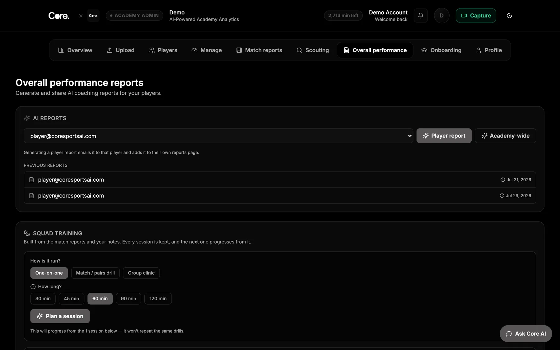 The Core academy platform: AI performance reports per player and a squad training planner built from match reports.